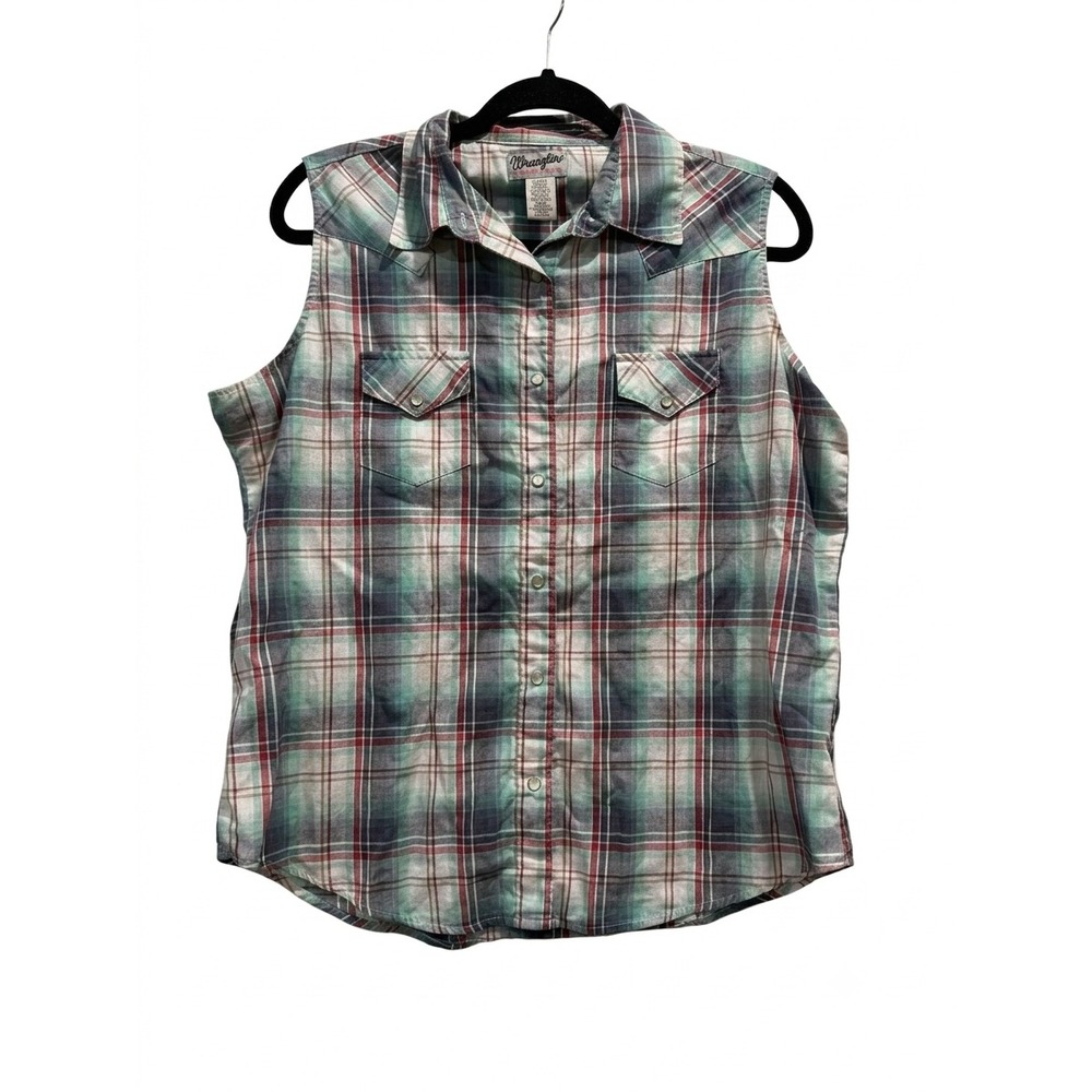 Wrangler Wrancher Women Large Sleeveless Western Plaid Pearl Snap Shirt Teal Red